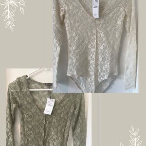 Bundle of 2 Beautiful Sheer Floral Lace Long Sleeved Bodysuits (Green & White)
